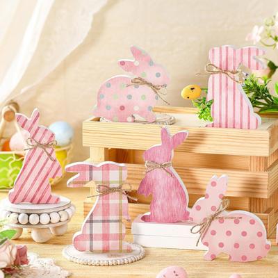 6 Pcs Easter Bunny Wood Sign Rustic Pink Wooden Bunny Block Table Sign for Easter Tiered Tray Tabletop Shelf Decor