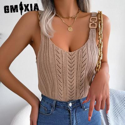 Gilets tricotés sans manches à col en U pour femmes, mode décontractée, couleur unie, automne hiver, haut découpé avec boutons en métal, tricot de vacances