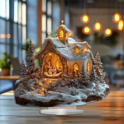 1pc 2D Winter Village Tabletop Decoration - Snowy Christmas Scene with Glowing Houses, Acrylic Desk Decor, Four Seasons Decoration