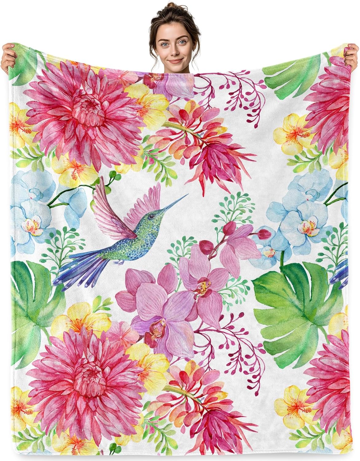 Hummingbird Floral Throw Blanket Gifts for Women Soft Plush Throw with Colorful Bird Flowers Design, Hummingbird Gifts for Women 75X95CM