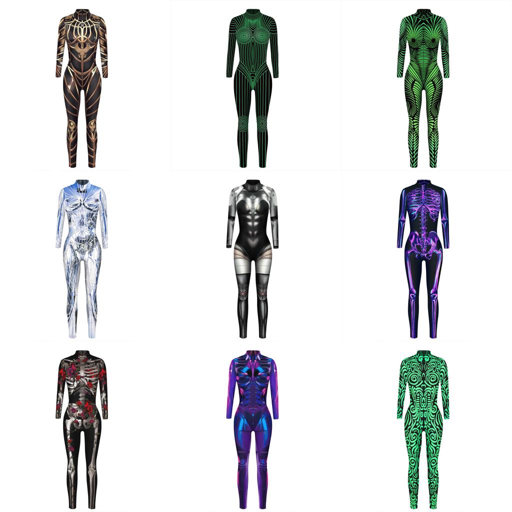 Goth Skull Cosplay Jumpsuit With Digital Print For Adults Halloween Costume