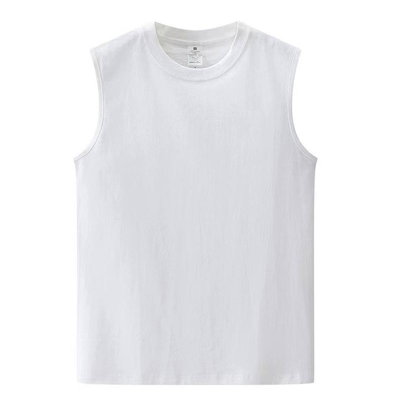 Men's White 230g Pure Cotton Summer Tank Top - Loose Fit, Crew Neck, Sleeveless Vest, Wide Shoulder.