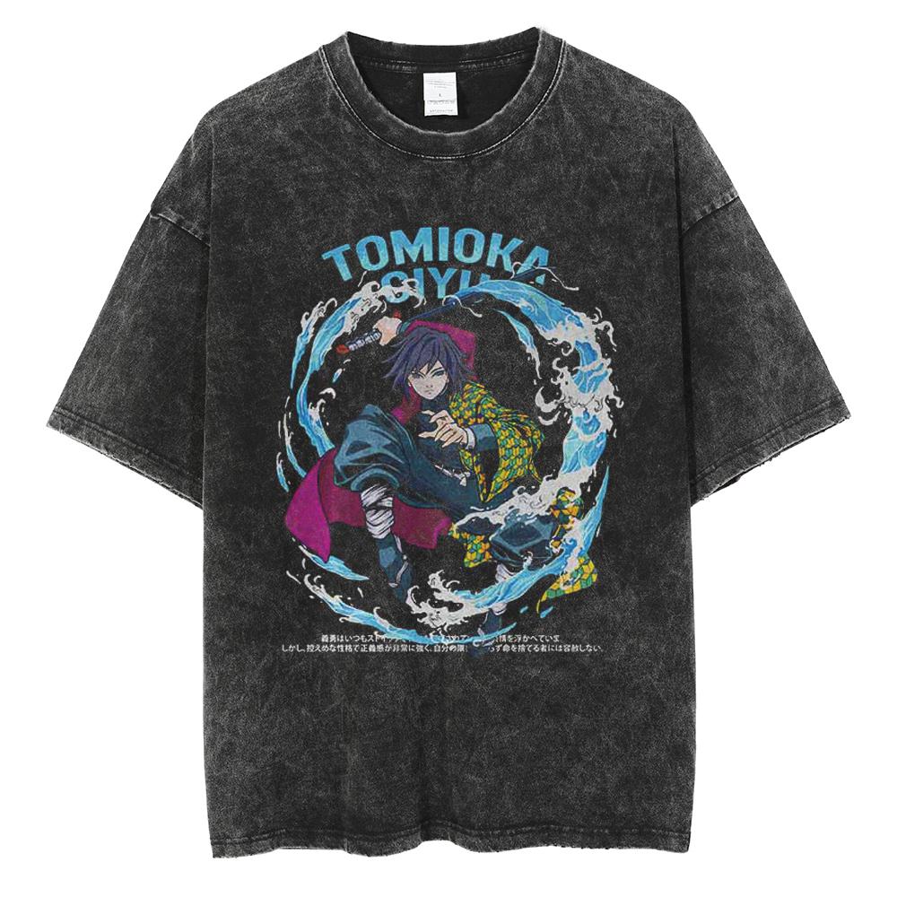 Hot Anime Demon Slayer Kokushibo Graphic Print Washed T Shirt Men Vintage Cotton Tshirts Manga Casual Tee Harajuku Male T-shirt