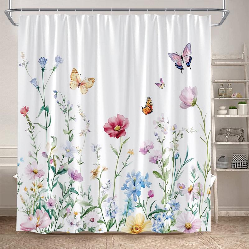 Butterfly Floral Shower Curtains Watercolor Purple Lavender Hummingbird Dragonfly Flower Plant Bathroom Curtain Decor with Hooks