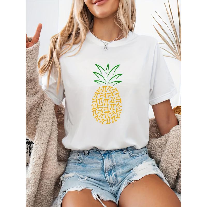 Women Casual Pineapple Print T Shirt Crew Neck Short Sleeve Lightweight Summer Top Soft Polyester