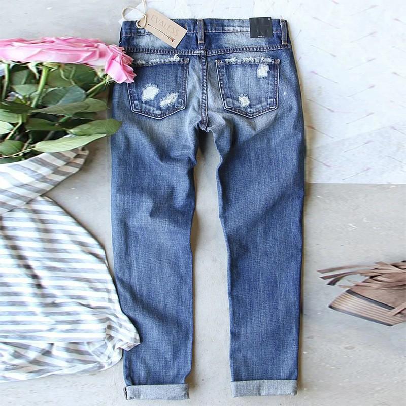 Womens Straight Fit Denim Jeans With Red Plaid Patchwork Distressed Ripped Detail