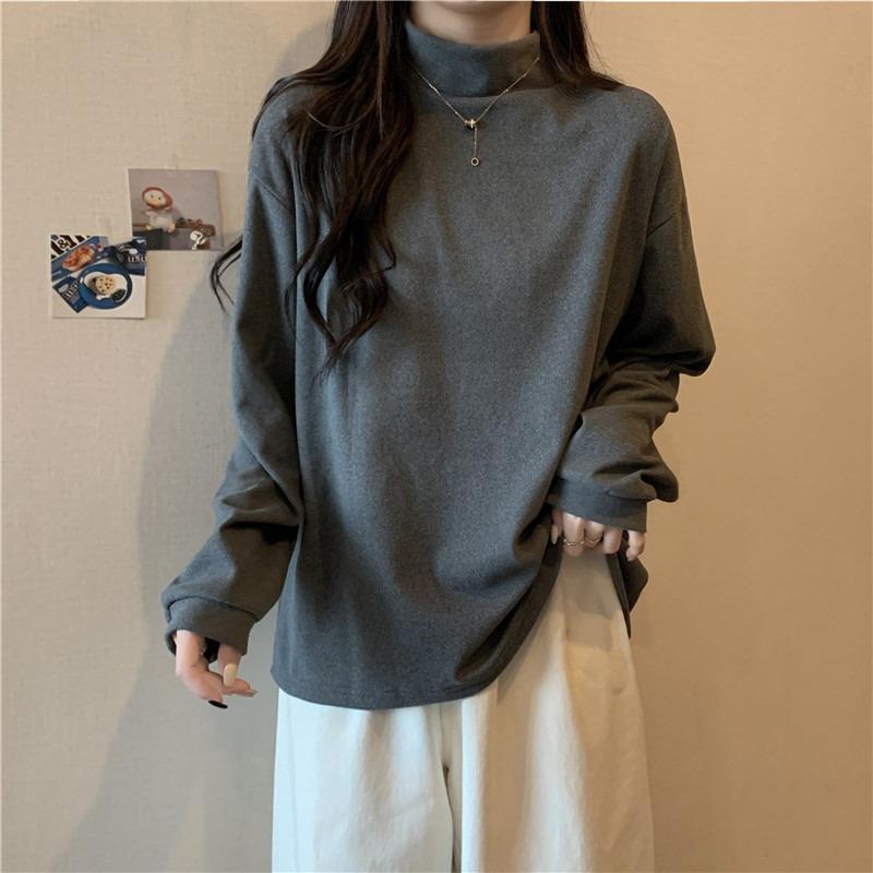 Wind Fleece Thickened German Fleece Bottoming Shirt for Women's Autumn and Winter with Loose Semi-turtleneck Long-sleeved T-shirt Thermal Top