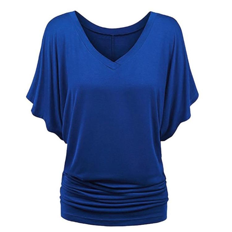 Plus Size Women Fashion Solid T Shirt Loose V Neck Batwing Sleeve Fold Hem