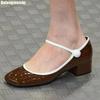 Fashion 2025 Spring New One-Strap Fashionable Button Mary Jane Shoes Women Shiny Patent Leather Round Toe Shallow Medium Heel Pumps