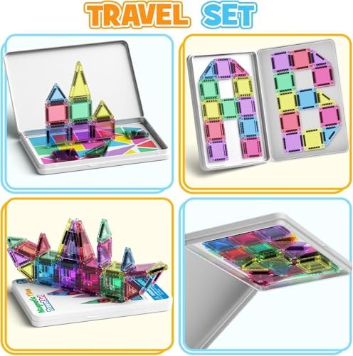 Magnetic Tiles Construction Set 42pcs Travel Toys for Kids Portable MINI Magnetic Building Blocks Montessori Toy Gift for Toddlers 3+ Years