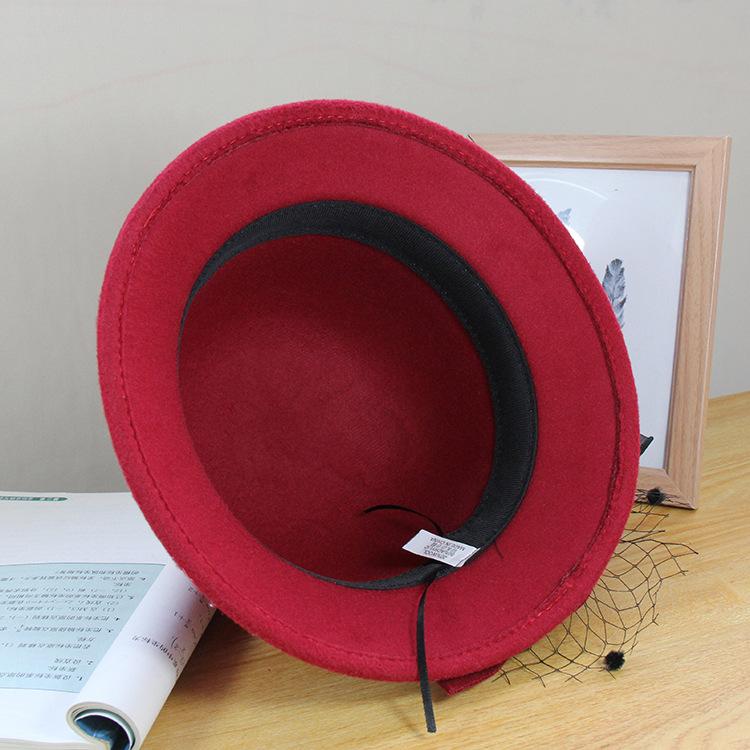 Ny höst- och vintertermomössa Dam Brittisk Retro Ullhatt Elegant Nät Blomma Cylinderhatt
