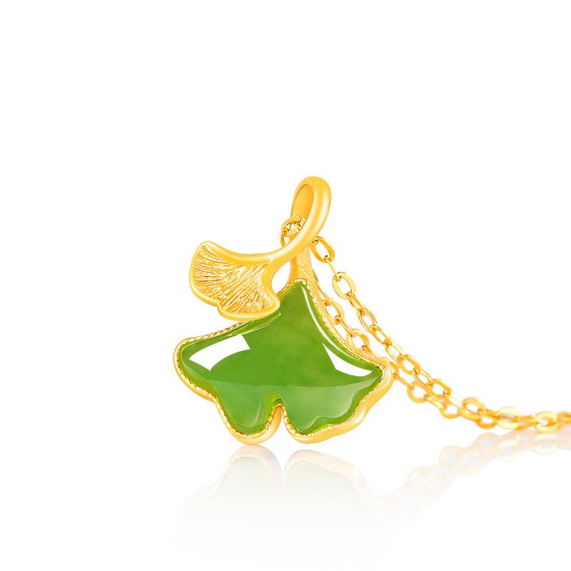 Spinach Green Hetian Jade Ginkgo Leaf Pendant Necklace in S925 Silver for Women