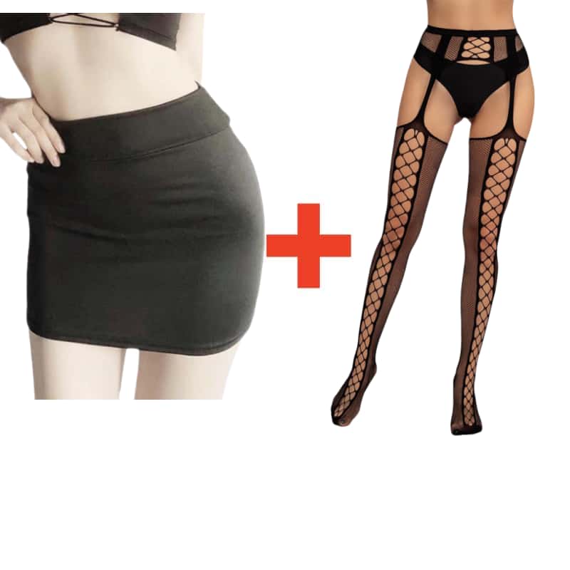 2PCS/SET Women High Waist Pencil Mini Skirts+Stockings Dress Set,Sexy Casual Wrap Hips Black Short Skirt and Pantyhose