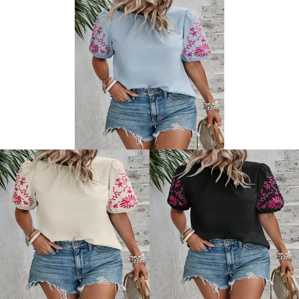 Elegante Blusa Ricamata Floreale con Maniche a Bolla per Abbigliamento Casual Primaverile
