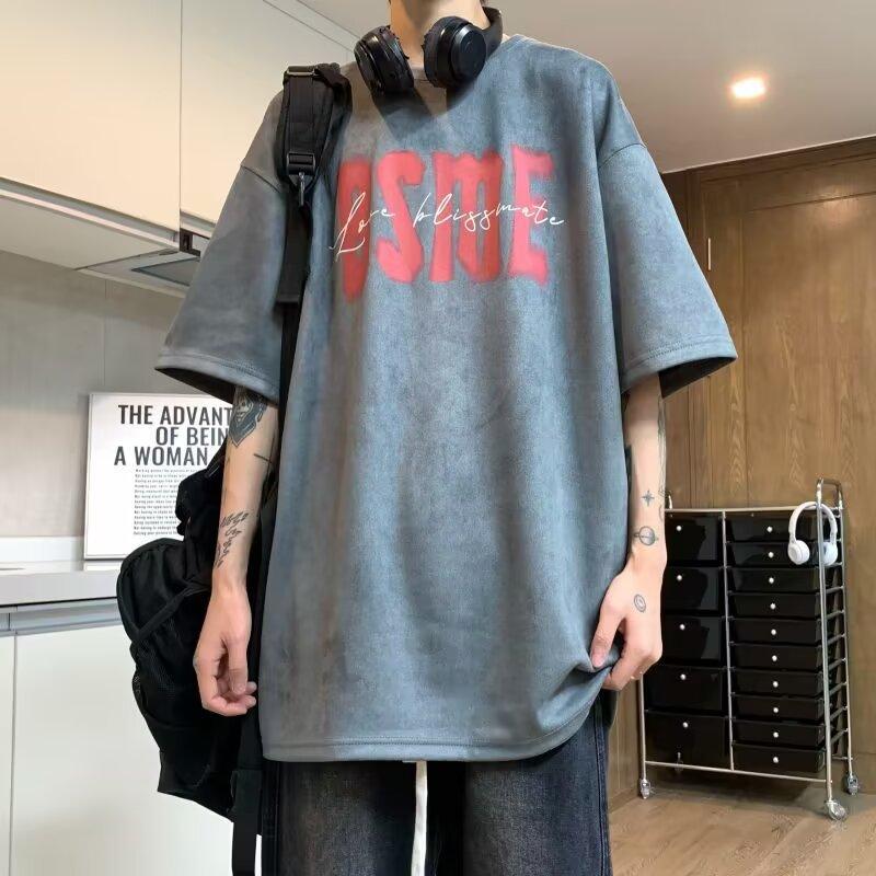 Round Neck Mens Short-sleeved T-shirt Suede Summer Latest Letter Half-sleeved Mens T-shirt Mens Top M