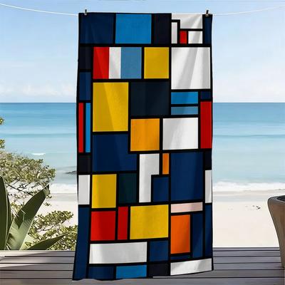 1 Pc Mondrian Style Oversized Beach Towel, Geometric Color Block, Quick-Dry Absorbent, Seaside Pool Picnic Use