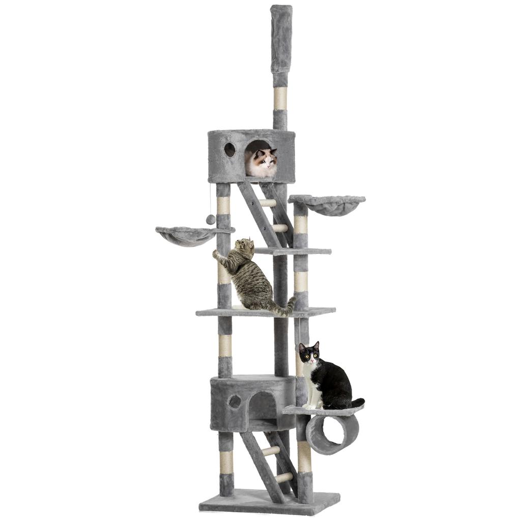 Floor to Ceiling Cat Tree for Indoor Cats, 240-260cm, Adjustable Height - Light Grey