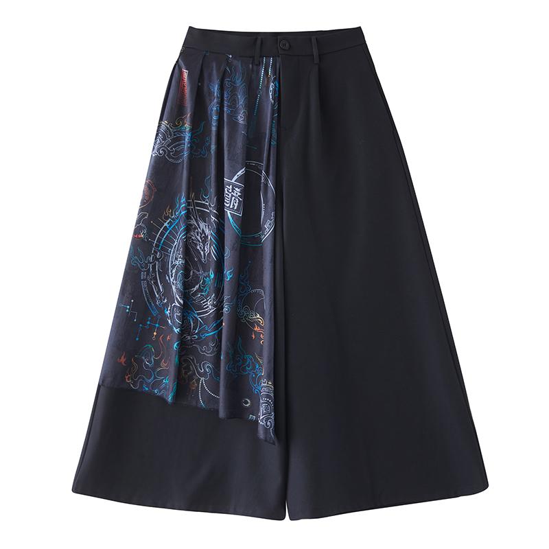 Talla grande Vintage negro floral Cintura alta Casual holgado largo Verano pierna ancha Pantalones de falda Mujer Pantalones