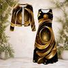 Women Plus Size Black Gold Printed Round Neck Long Sleeve Cropped Cardigan Two Piece Dress Set