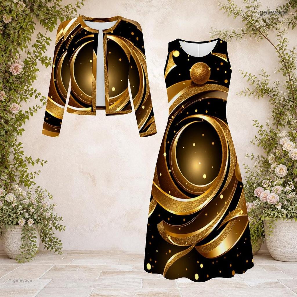 Women Plus Size Black Gold Printed Round Neck Long Sleeve Cropped Cardigan Two Piece Dress Set
