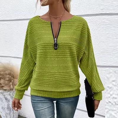 Fashion Women Long Sleeve Zip Up T Shirts Loose Casual Solid Color V Neck Tee Tops