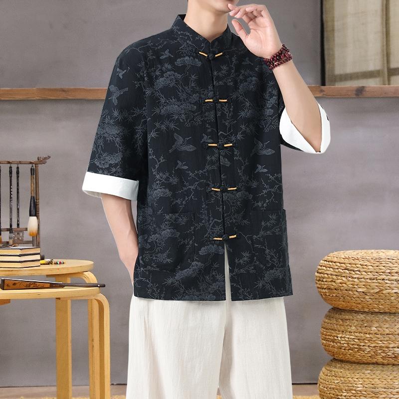 Men's Lightweight Mandarin Collar Printed Shirt Summer Chinese Style Cotton and Linen Casual Wear Top M-5XL