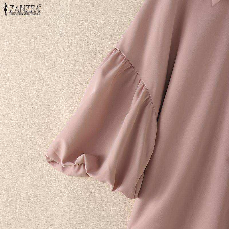 ZANZEA Women Casual Turn Down Collar Loose Puff 3/4 Sleeve Plain Blouse