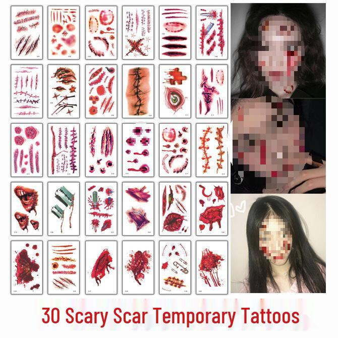 Halloween Makeup: Horror Scars, Fake Teeth, Little Tiger Teeth, and Blush Tattoo Stickers for Party Decoration