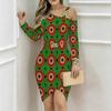 Women Plus Size Cold Shoulder Long Sleeve Black White Tie Dye Print Irregular Wrap Bodycon Midi Dress