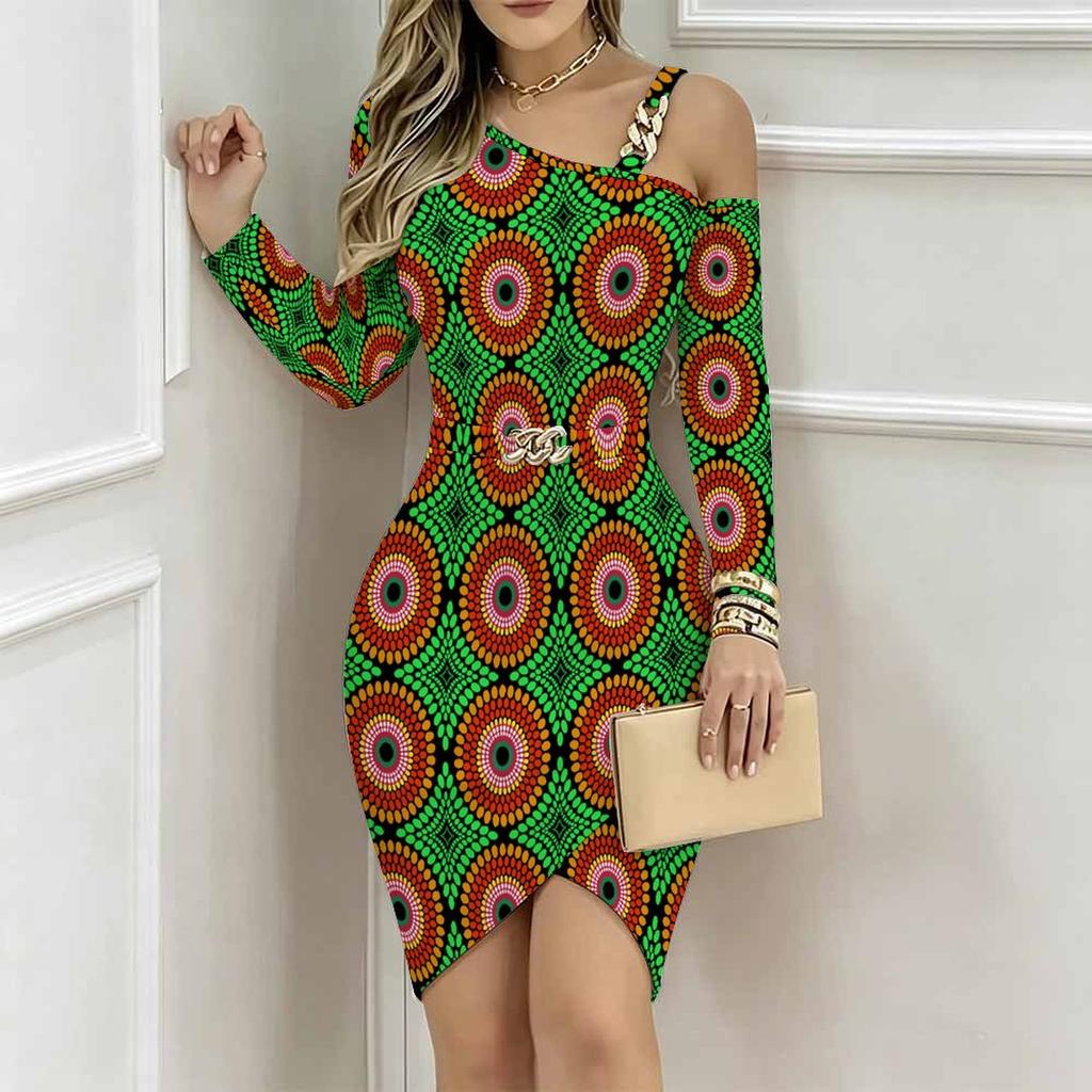 Women Plus Size Cold Shoulder Long Sleeve Black White Tie Dye Print Irregular Wrap Bodycon Midi Dress