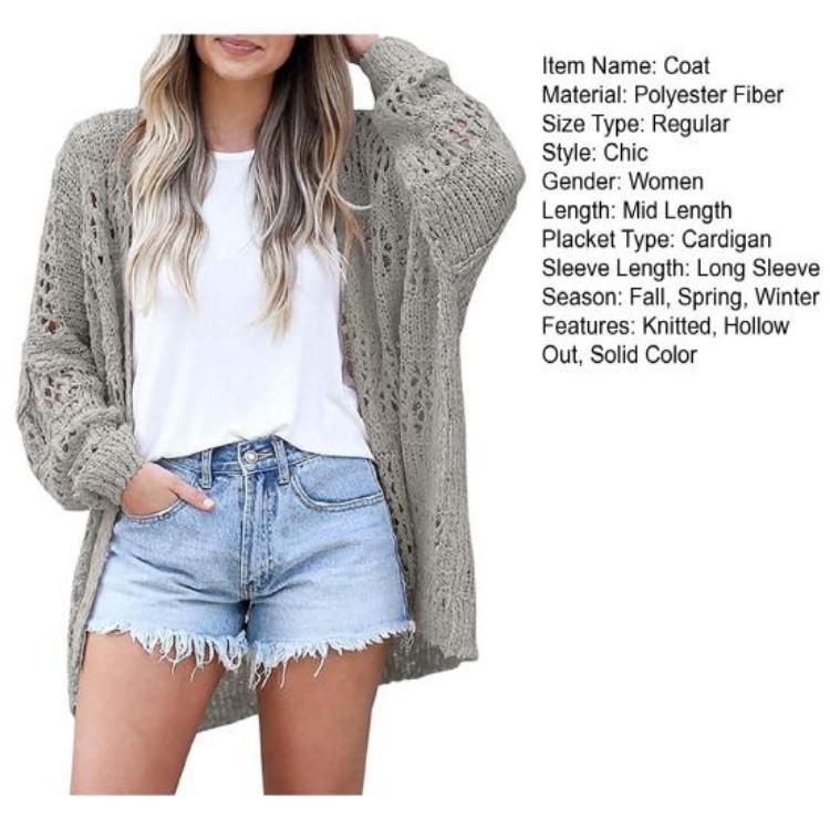 Spring Autumn Women Knitwear Hollow Out Loose Knitted Coat Pure Color Cardigan Long Sleeve Elastic Jacket Mid Length