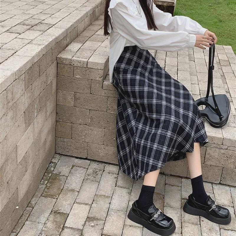 Dámská vlněná kostkovaná sukně střední délky - Elastický pas, Retro britský A-liniový styl na podzim a zimu