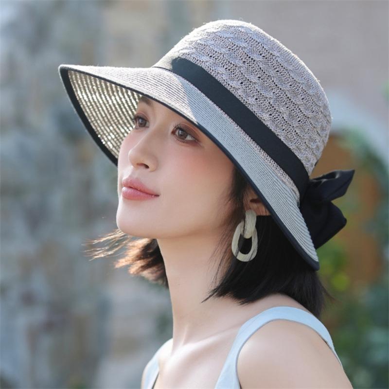 Women's 2024 Spring Straw Hat with Bow - Foldable Beach & Cycling Sun Protection Hat