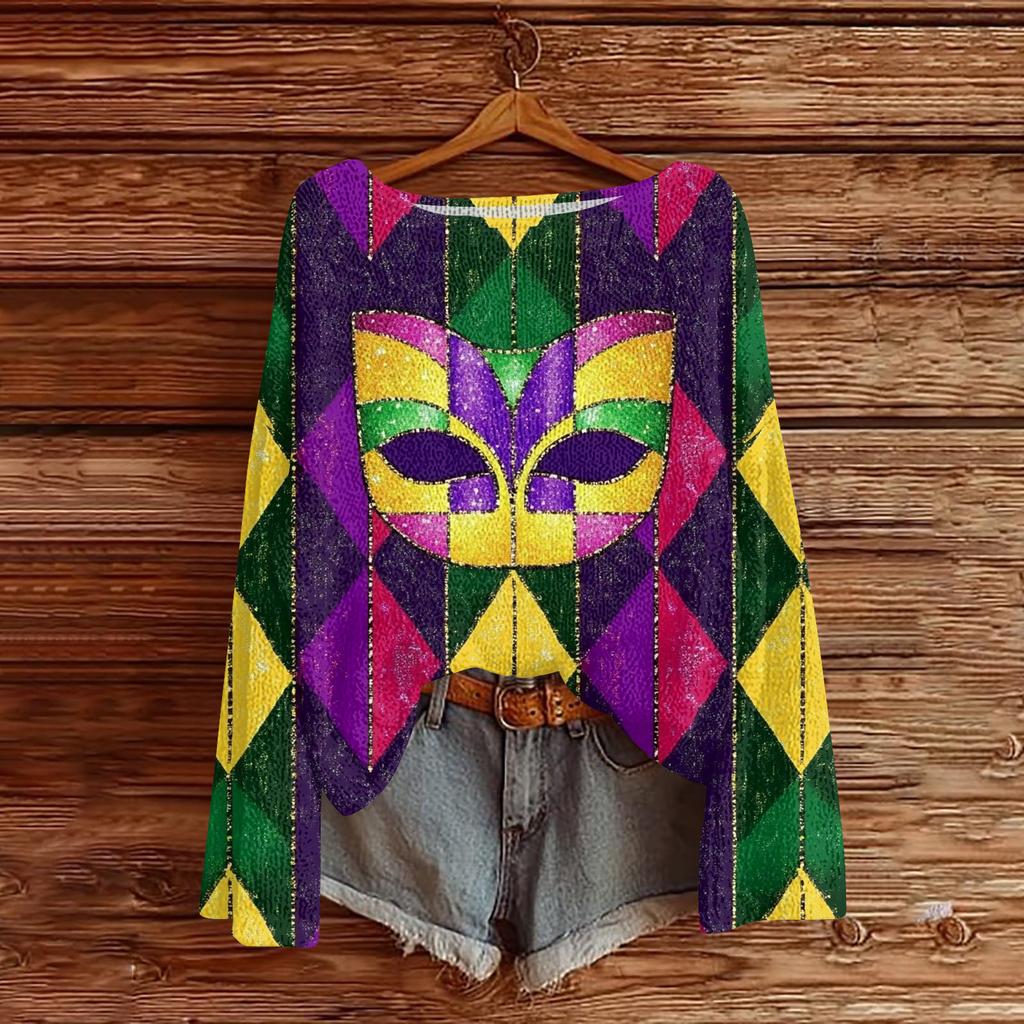 Damen Casual Mode Rundhals Oberteil Karneval Print Langarm Strickpullover