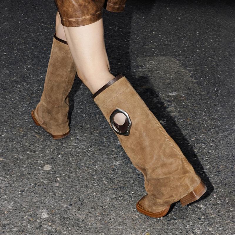 Meng Ziyi retro square head western cowboy boots versatile thick heel trouser tube boots niche design thin boots
