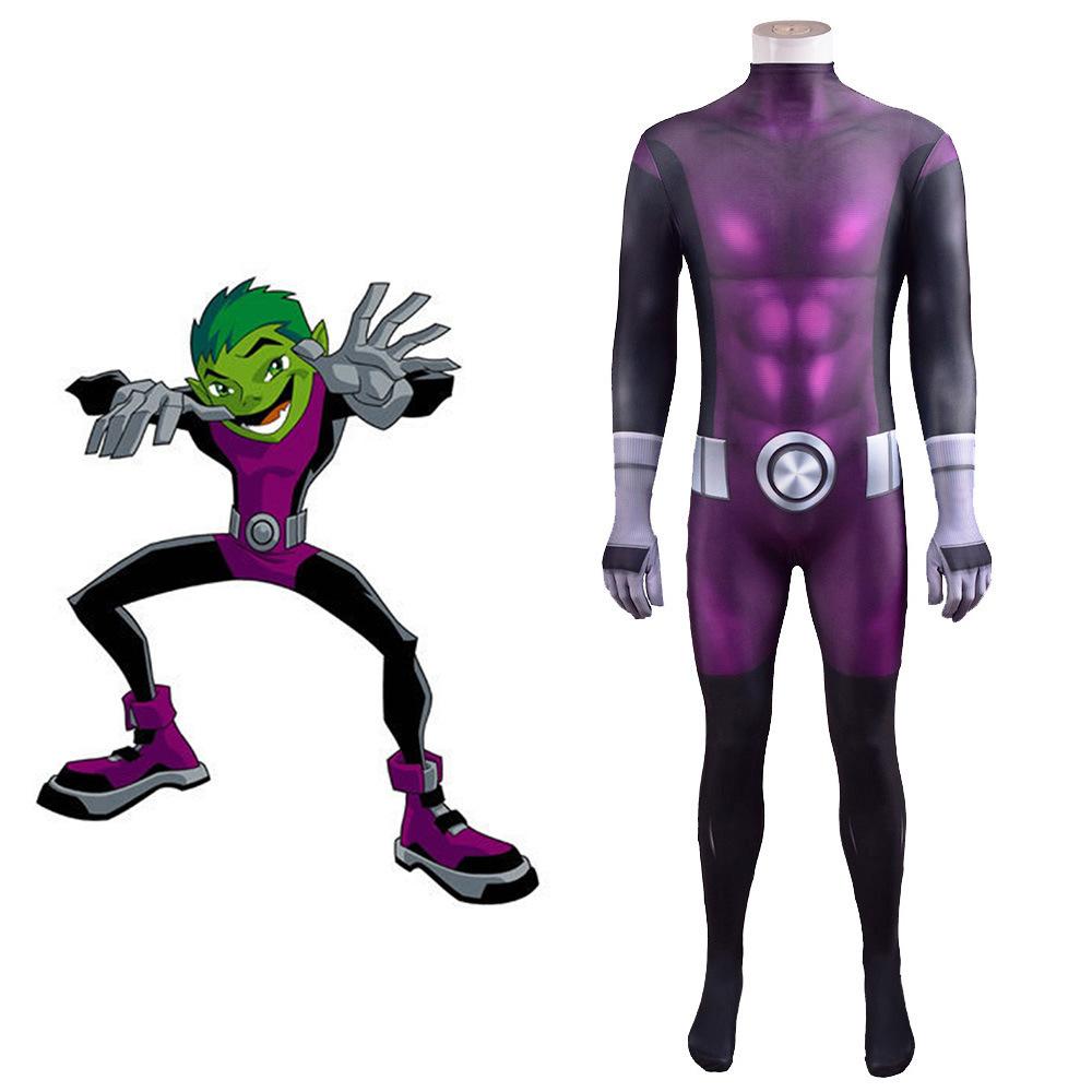 Teen Titans Beast Boy Jumpsuit Cosplay Bodysuit Superhero Halloween Masquerade Party Performance Costumes for Kids Adult 110