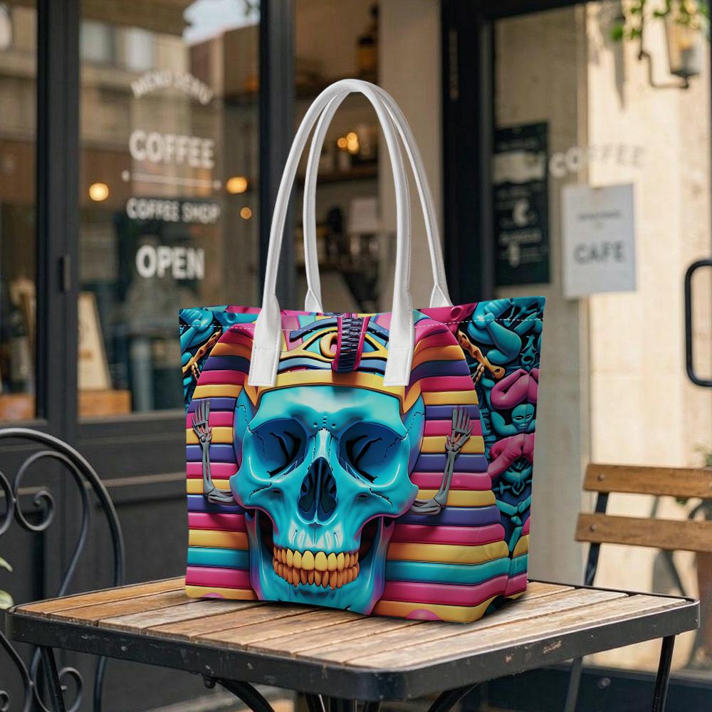 Colorful Egyptian Skull Print Tote Bag Casual Street Style Large Capacity Daily Use Shoulder Bag for Cool Outfits