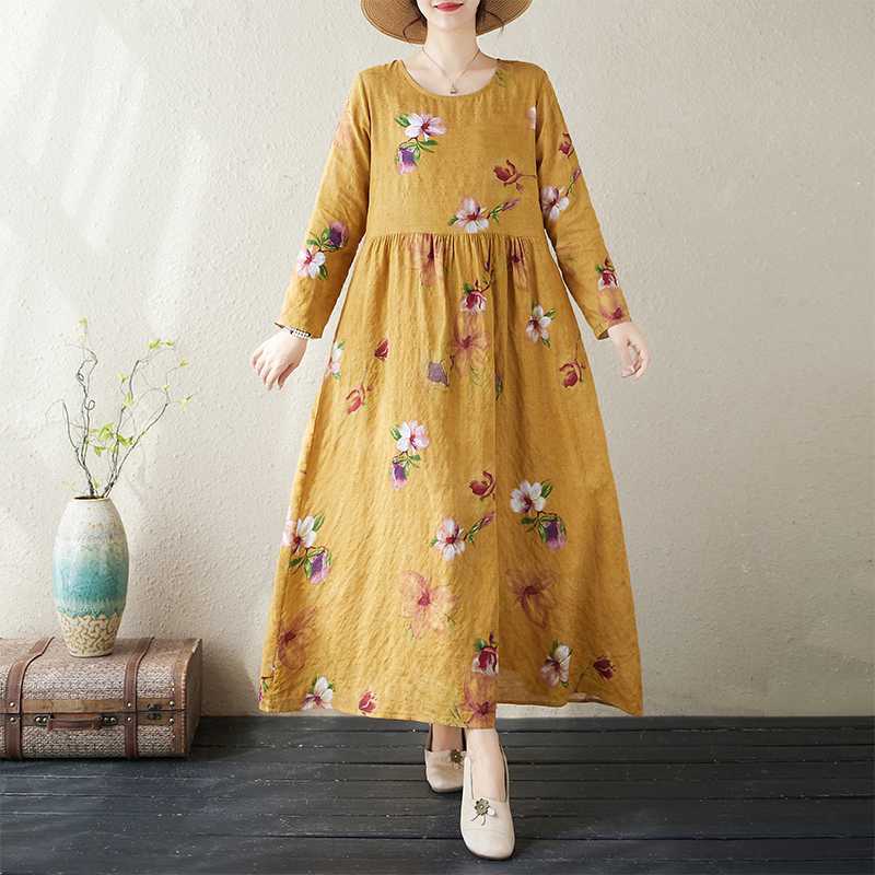 New Color Round Neck Retro Long Skirt Cotton Linen Dress