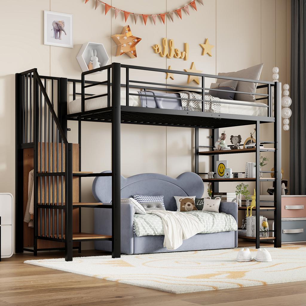 Loft Bed 90*200, with Safety Staircase, Storage Space and Small Wardrobe, Shelves, High Fence Design, Youth Bed, Black (Old SKU for LDB00162AAB)