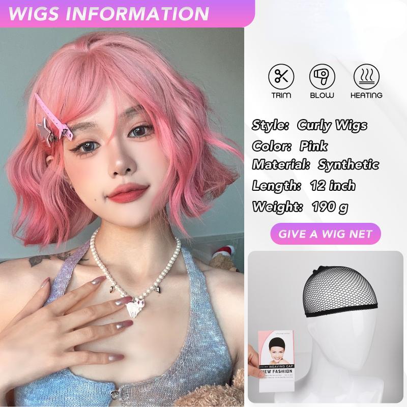12 Inch Water Curly Wave Short Bangs Wigs Blonde Fiber Synthetic Wigs Heat-resistant Natural Party or Selfie For Women Korean Fashion