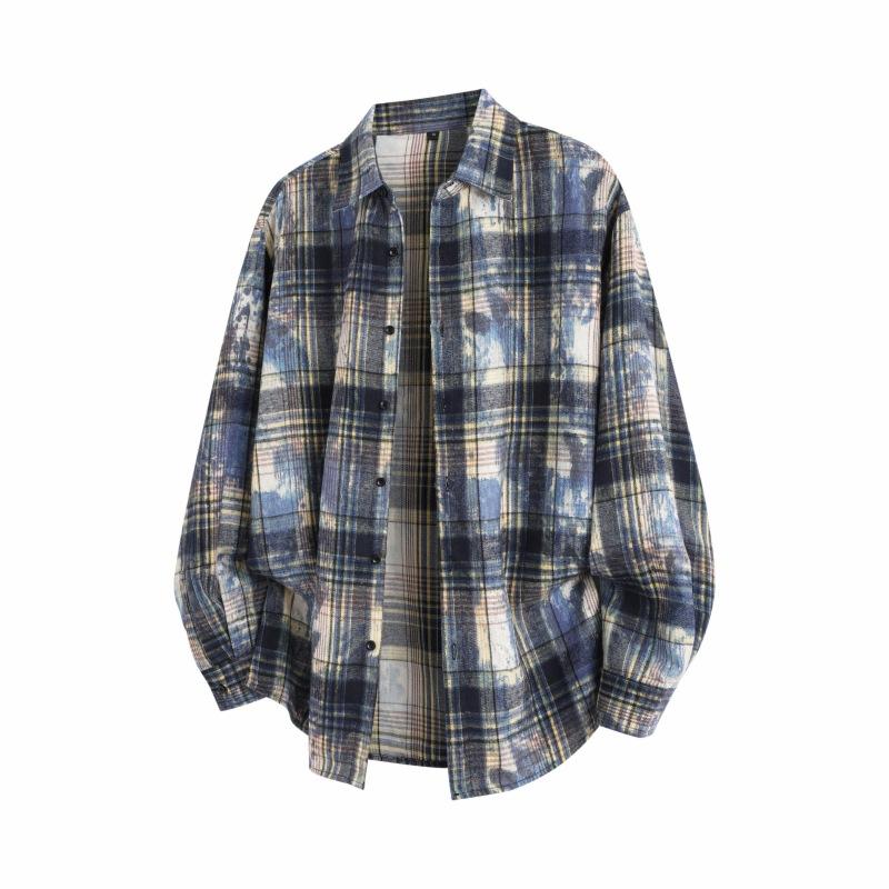 Spring And Autumn Men'S Plaid Tie-Dye Long Sleeve Shirt Men'S Casual Loose Shirt Jacket