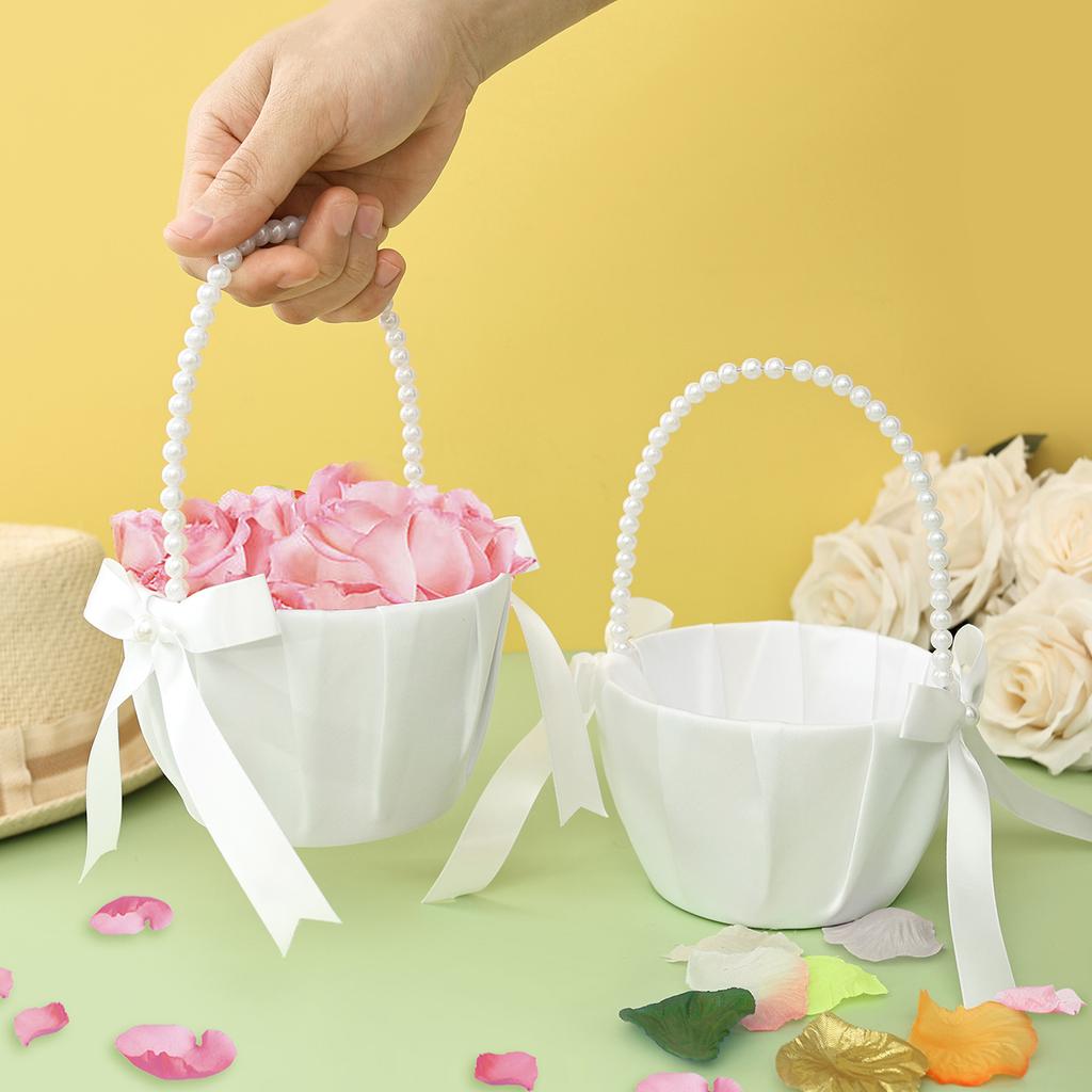 2Pcs Wedding Flower Girl Basket Bowknot Satin Western Rustic with Faux Pearl Handle For Bride/Kids Wedding Ceremony Decorations