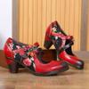 Genuine Leather Retro Flower Pumps Women Shoes Red High Heels Ethnic Style Handmade Round Toe Ladies Shoes