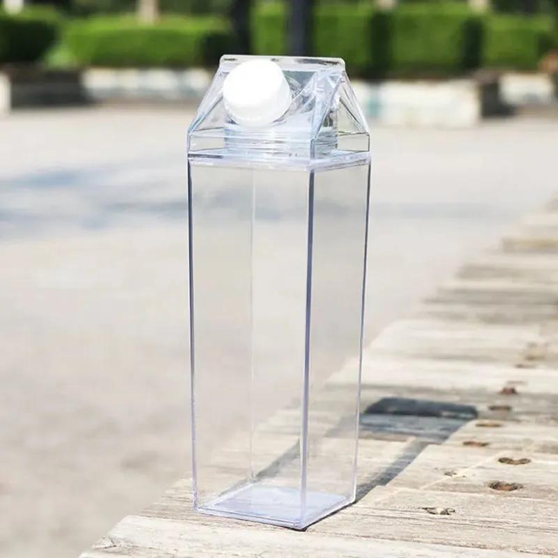 Plastic Clear Milk Carton Shaped Water Bottles 500ml Portable Drinking Sports Milk Cups Water Bottle With Lid Large Capacity YA017