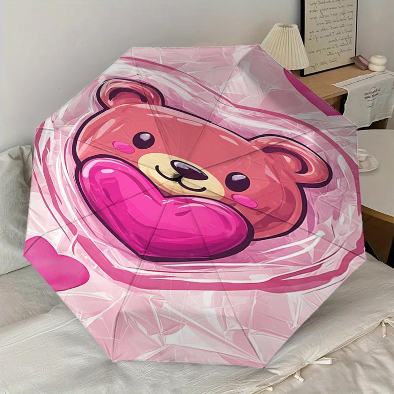 Teddy Bear Heart Shaped Automatic Opening/Closing Umbrella with Foldable Design, Iron Frame for Outdoor Use, Perfect Gift for Fans, Traveler