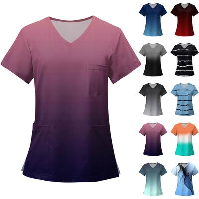 Damskie modne koszulki z krótkim rękawem i dekoltem w serek z nadrukiem i kieszeniami, robocze T-shirty
