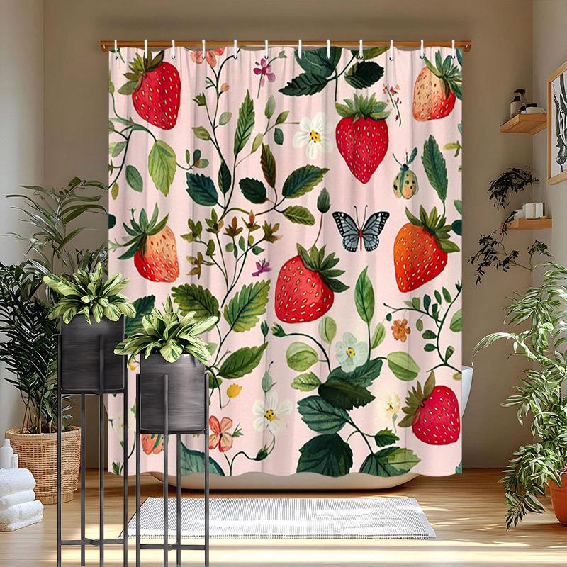 Textile Article Red/Green Strawberry & Floral Shower Curtain - Strawberries, Leaves, Blossoms, Butterflies & Ladybugs,Polyester,70.8X70.8 Inches