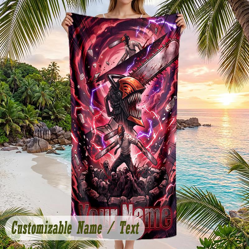 Chainsaw Man Beach Towel, Personalized Custom Name Text, Quick Dry Large Absorbent Towel For Beach Pool