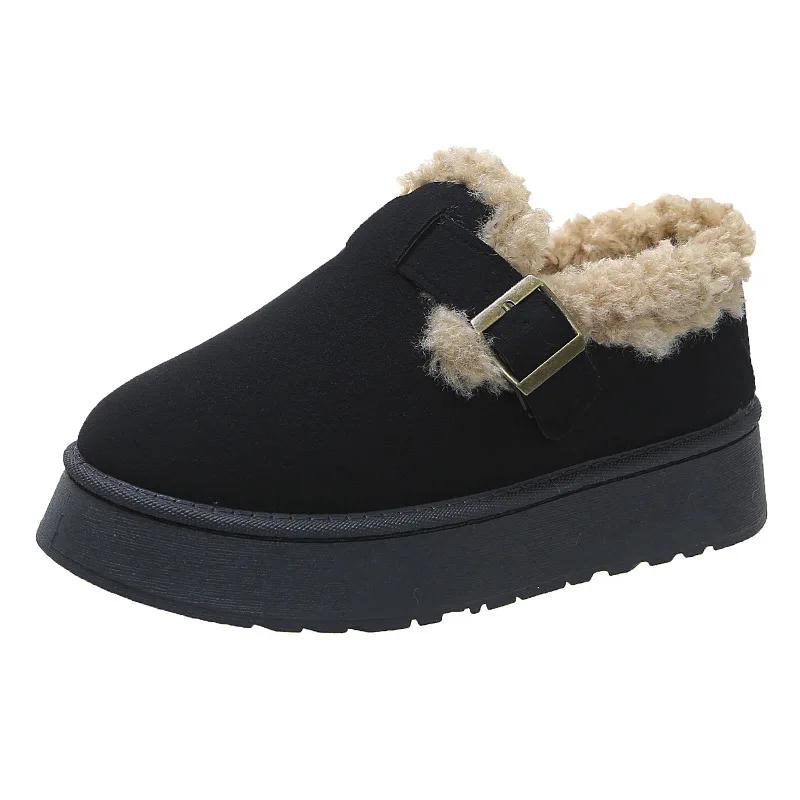 Fashion Korean Version of Thick Sole Woolen Shoes Women 2024 Winter New Wear Round Head Warm Plus Cashmere Fashion Casual Cotton Shoes