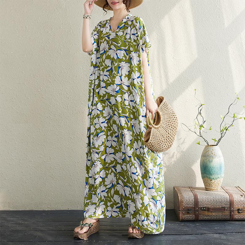 DIMANAF 2024 Plus Size Dress Women Summer V-Neck Sundress Bohemian Floral Print Loose Big Oversize Maxi Dress 717